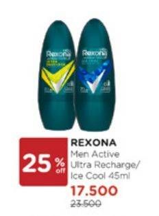 Promo Harga Rexona Men Deo Roll On Ultra Recharge, Ice Cool 45 ml - Watsons