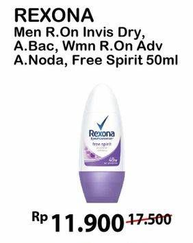 Promo Harga REXONA Deo Roll On Invisible Dry, Anti Bactery, Anti Noda, Advance White, Free Spirit 50 ml - Alfamart
