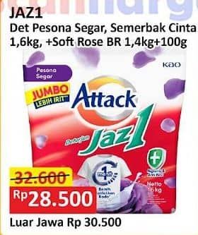 Promo Harga Attack Jaz1 Detergent Powder Semerbak Cinta, Pesona Segar, +Softener Rose Berry 1400 gr - Alfamart