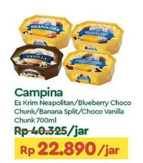Promo Harga Campina Ice Cream Neapolitan, Blueberry Choco Chunk, Banana Split, Chocolate Vanilla Choco Chunk 700 ml - TIP TOP