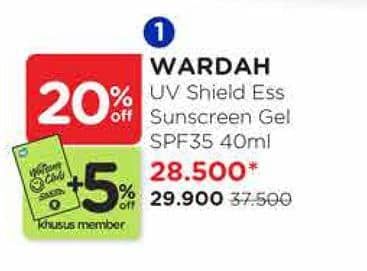 Promo Harga Wardah UV Shield Essential Sunscreen Gel SPF 35 PA+++ 40 ml - Watsons