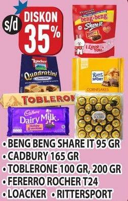 Promo Harga BENG-BENG Share It 95gr/CADBURY Dairy Milk 165gr/TOBLERON Chocolate 100gr/200gr/FERRERO ROCHER Chocolate 24s/LOACKER/RITTER SPORT Coklat  - Hypermart