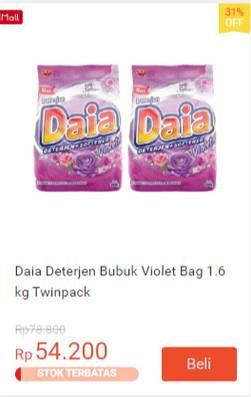 Promo Harga Daia Deterjen Bubuk + Softener Violet 1700 gr - Shopee