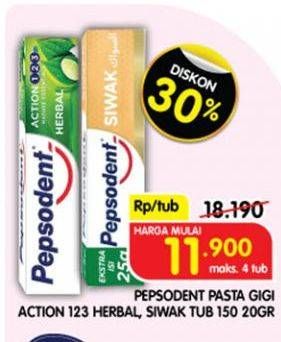 Promo Harga Pepsodent Pasta Gigi Action 123 Herbal, Siwak 190 gr - Superindo