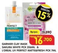 Promo Harga GARNIER Mask Sakura White 6ml/LOREAL UV Perfect Matte 7ml  - Superindo