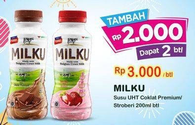 Promo Harga MILKU Susu UHT Cokelat Premium, Stroberi 200 ml - Indomaret