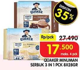Promo Harga Quaker Oatmeal 3 In 1 Berry Burst, 3in1 Cokelat, 3 In 1 Matcha, 3in1 Vanilla per 8 pcs 28 gr - Superindo