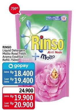 Promo Harga RINSO Liquid Detergent + Molto Pink Rose Fresh, + Molto Purple Perfume Essence 750 ml - Alfamidi