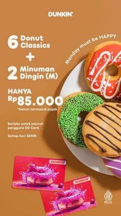 Promo Dunkin Donuts 6 Donut Classics + 2 Minuman Dingin (M). Berlaku untuk seluruh pengguna DD Card setiap hari SENIN