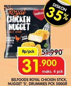 Promo Harga BELFOODS Royal Nugget Chicken Nugget Drummies, Chicken Nugget S, Chicken Nugget Stick 500 gr - Superindo