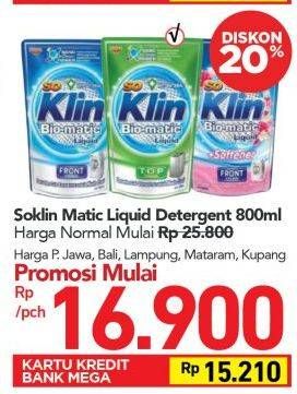 Promo Harga SO KLIN Biomatic Liquid Detergent Front Load, Top Load, +Softener Front Load 800 ml - Carrefour