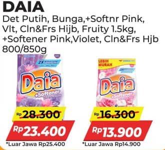 Promo Harga Daia Deterjen Bubuk Putih, Bunga, + Softener Pink, + Softener Violet, Clean Fresh Hijab 850 gr - Alfamart