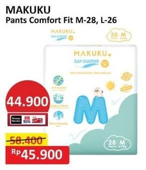 Makuku Comfort Fit Diapers Pants 26 pcs Diskon 21%, Harga Promo Rp45.900, Harga Normal Rp58.400, Khusus Member Rp. 44.900, Khusus Member