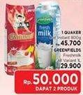 Promo Harga Quaker Oatmeal Instant + Greenfields Fresh Milk  - LotteMart