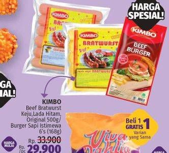 Promo Harga KIMBO Beef Bratwurst Keju, Lada Hitam, Original 500g / Burger Sapi Istimewa 6s (168g)  - LotteMart