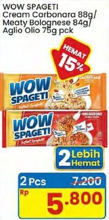 Promo Harga WOW Spageti Cream Carbonara, Meaty Bolognese, Aglio Olio 75 gr - Indomaret