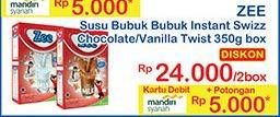 Promo Harga ZEE Susu Bubuk Swizz Chocolate, Vanilla Twist per 2 box 350 gr - Indomaret