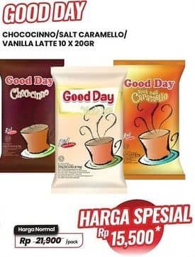 Promo Harga Good Day Instant Coffee 3 in 1 Chococinno, Rock Salt Caramello, Vanilla Latte per 10 sachet 20 gr - Carrefour