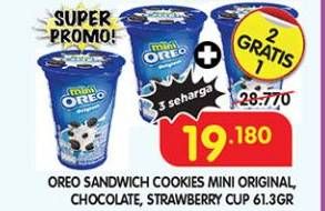 Promo Harga Oreo Mini Biskuit Sandwich Chocolate, Strawberry, Vanilla 61 gr - Superindo