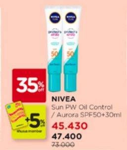 Promo Harga Nivea Sun Face Serum Protect & White SPF 50+ Instant Aura, Oil Control 30 ml - Watsons