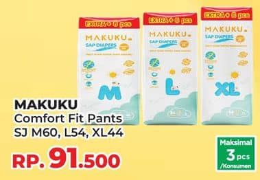 Promo Harga Makuku Comfort Fit Diapers Pants M60+6, L54+6, XL44+6 50 pcs - Yogya