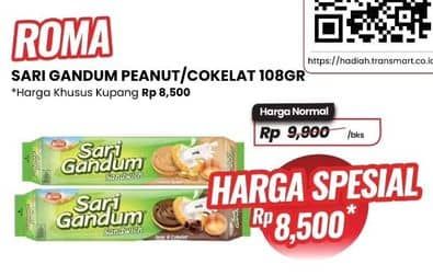 Promo Harga Roma Sari Gandum Peanut Butter, Susu Cokelat 115 gr - Carrefour