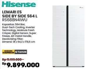 Hisense RS688N4IWU/WH  Diskon 11%, Harga Promo Rp9.899.000, Harga Normal Rp11.199.000, Spesifikasi :
- Kapasitas: 564 liter
- Fitur: Dual-Tech Cooling
- Inverter, Moisture Fresh Crisper
- Digital Sensor
- Super Freeze
- All-metal Handle
- Deodorizing Filter
- Dimensi: 91 x 64,3 x 178,6 cm

Garansi Kompresor: 12 Tahun