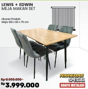 Courts Courts Lewis Meja Makan + Courts Edwin | Kursi Makan   Diskon 55%, Harga Promo Rp3.999.000, Harga Normal Rp8.999.000, Ukuran Produk:
Meja: 120 x 80 x 75 cm

Gratis Instalasi