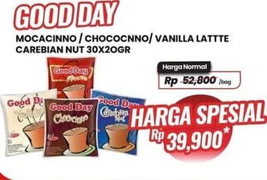 Promo Harga Good Day Instant Coffee 3 in 1 Mocacinno, Chococinno, Vanilla Latte, Carrebian Nut per 30 sachet 20 gr - Carrefour