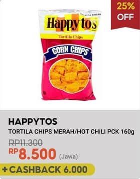 Promo Harga Happy Tos Tortilla Chips Hot Chili, Merah 140 gr - Indomaret