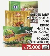 Promo Harga Golden Farm Mixed Vegetables + Kimbo Gold Plus Bockwurst Cocktail + So Good Bakso Kuah  - LotteMart