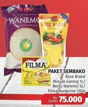 Promo Harga ROSE BRAND Minyak Goreng 1ltr + WANEMO Beras 5Kg + FILMA Margarin 200gr  - Lotte Grosir