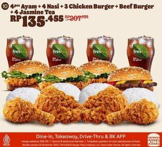 Promo Harga 4 Ayam + 4 Nasi + 3 Chicken Burger + Beef Burger + 4 Jasmine Tea  - Burger King