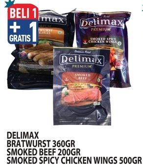 Promo Harga Delimax Bratwurst/Smoked Beef/Smoked Spicy Chicken Wings  - Hypermart