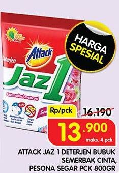 Promo Harga ATTACK Jaz1 Detergent Powder Pesona Segar, Semerbak Cinta 800 gr - Superindo