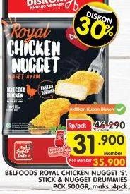 Promo Harga BELFOODS Royal Nugget Chicken Nugget Stick, Chicken Nugget Drummies, Chicken Nugget S 500 gr - Superindo