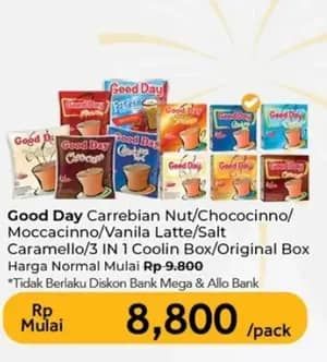 Promo Harga Good Day Instant Coffee 3 in 1 Carrebian Nut, Chococinno, Mocacinno, Vanilla Latte, Rock Salt Caramello, Coolin