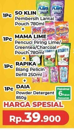 So Klin Pembersih Lantai + Mama Lime Pencuci Piring + Rapika Pelicin Pakaian + Daia Detergent