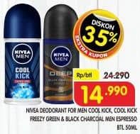 Promo Harga Nivea Men Deo Roll On Cool Kick, Cool Kick Freezy Green, Deep Black Charcoal Espresso 50 gr - Superindo