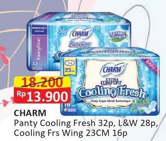 Promo Harga CHARM Panty Cooling Fresh 32p, Long & Wide 28p, Cooling Fresh Wing 23cm 16p  - Alfamart