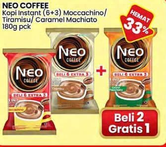 Promo Harga Neo Coffee 3 in 1 Instant Coffee Moccachino, Tiramissu, Caramel Machiato per 9 pcs 20 gr - Indomaret