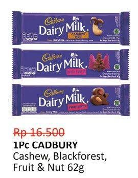 Promo Harga CADBURY Dairy Milk Cashew Cookies, Black Forest, Fruit Nut 62 gr - Alfamidi