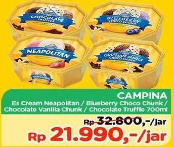 Promo Harga CAMPINA Ice Cream Neapolitan, Blueberry Choco Chunk, Chocolate Chunks, Chocolate Truffle, Vanilla 700 ml - TIP TOP