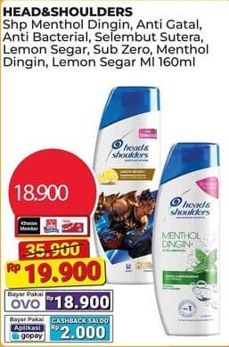 Promo Harga Head & Shoulders Shampoo Cool Menthol, Eucalyptus Anti Gatal, Smooth Silky, Lemon Fresh, Sub Zero 160 ml - Alfamart