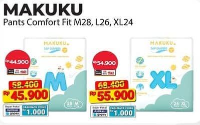 Promo Harga Makuku Comfort Fit Diapers Pants M28, L26 26 pcs - Alfamart