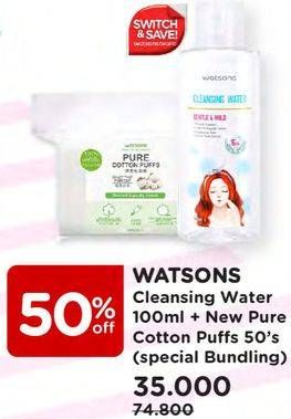 Promo Harga WATSONS Cleansing Water 100ml + Pure Cotton Puff 50s  - Watsons