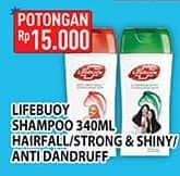 Promo Harga Lifebuoy Shampoo Anti Hair Fall, Strong Shiny, Anti Dandruff 340 ml - Hypermart