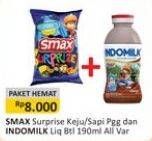 Promo Harga Smax Surprise Keju / Sapi Panggang dan Indomilk Susu Cair Botol  - Alfamart
