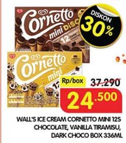 Promo Harga Walls Cornetto Mini Chocolate Vanilla, Tiramisu Dark Chocolate per 12 pcs 28 ml - Superindo
