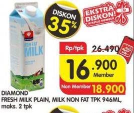 Promo Harga DIAMOND Fresh Milk Plain, Non Fat 946 ml - Superindo